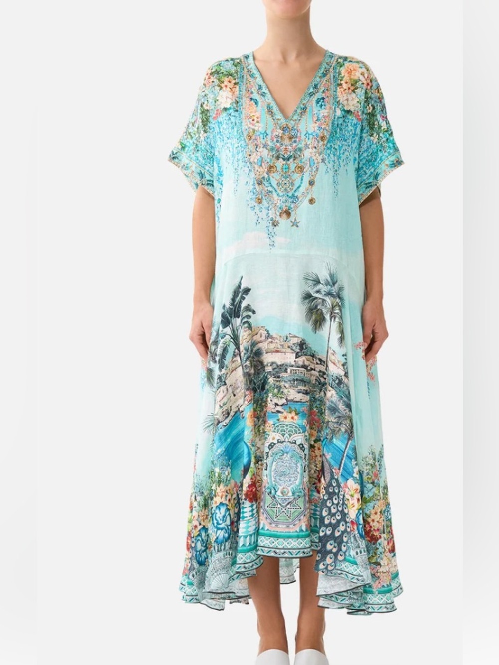 NWT Camilla Balearic Bebe V neck linen kaftan with drop waist size L